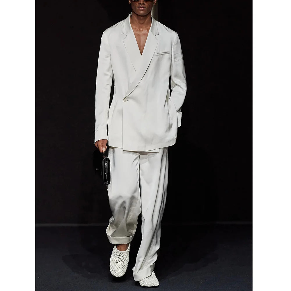 Chic Notch Lapel One Button White Men Suits 2 Piece Fashion Office Casual Travel Outfits Wedding Tuxedo Loose Costume Homme