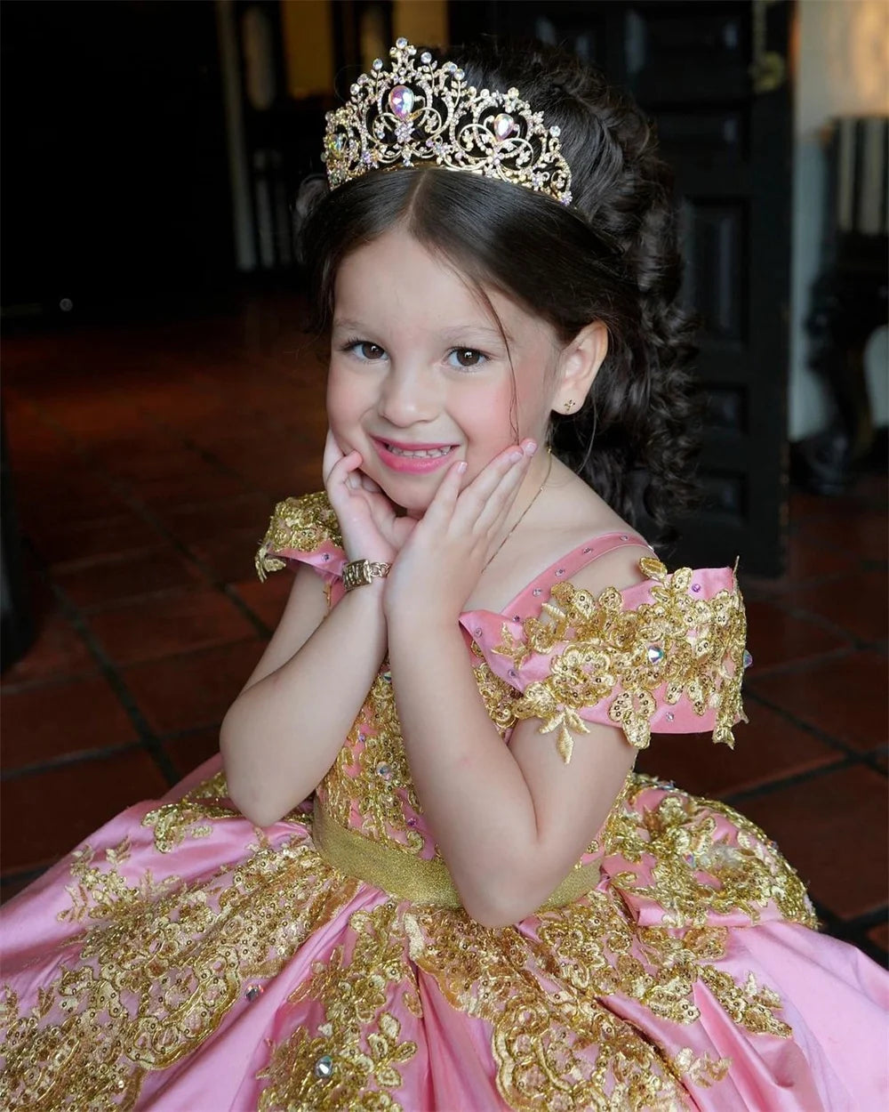 Luxury Golden Applique Full Ball Princess Wedding Party Flower Girl Dress Off The Shoulder Floor Length First Communion Gown New