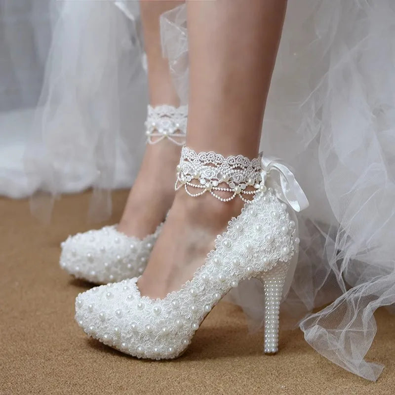 Spring round head shallow pearl lace with waterproof platform wedding shoes thin high-heeled banquet dress large size women shoe