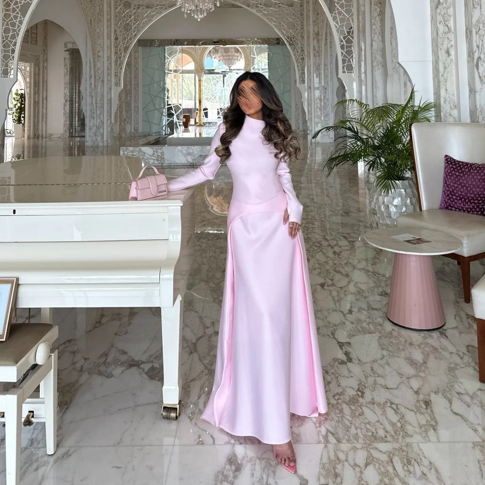 Bella Customized Pink A-line Satin High Neck robes de soirée Long Sleeves Side Slit Party Dresses Floor-Length Prom Dress 2025