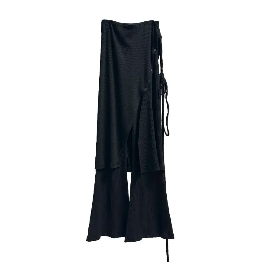KUSAHIKI Street Thread Knitted Casual Buckle Split Tie Half Body Skirt Pants Two Piece Set for Women