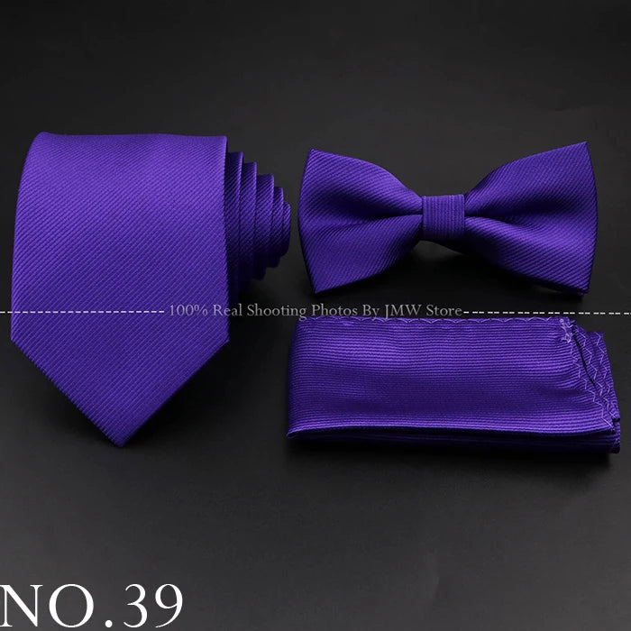 Hot Sale Red Blue Tie Set Polyester Slim Striped Necktie Bowtie Cufflink Brooch For Groom Suit Wedding Cravat Shirt Accessory