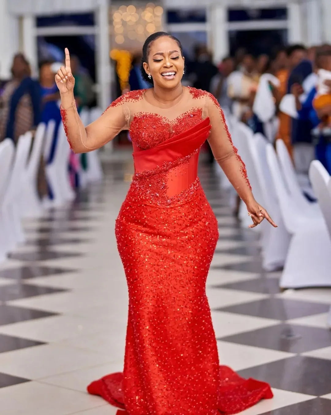 Gorgeous African Red Prom Gown Asoebi Wedding Party Gown Bridal Dress Sheer Long Sleeves Beaded Lace Formal Occasion Dresses
