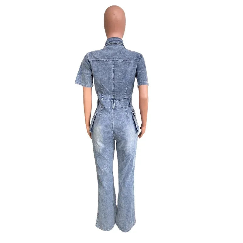 Casual Slim Short Sleeve Stretch Stir Fried Floral Washed Denim Jumpsuit Jeans Playsuit Cotton Flared Pants Jump Suit Overalls