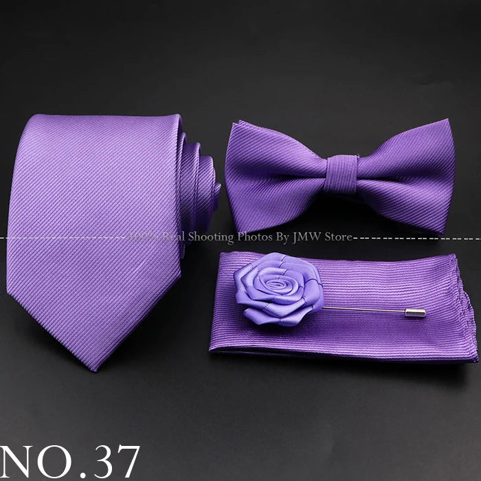 Hot Sale Red Blue Tie Set Polyester Slim Striped Necktie Bowtie Cufflink Brooch For Groom Suit Wedding Cravat Shirt Accessory
