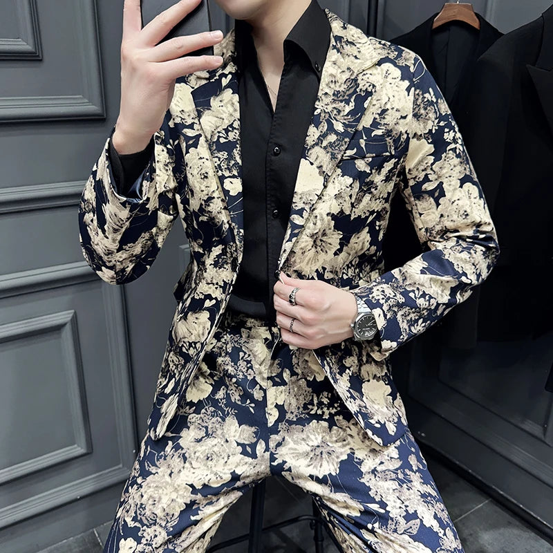 Suit (Blazer+ Pants) Men's Fashion Gentleman Slim Fit Business Outdoor Printed Gentleman Fine Cotton Wedding Work Casual Suit