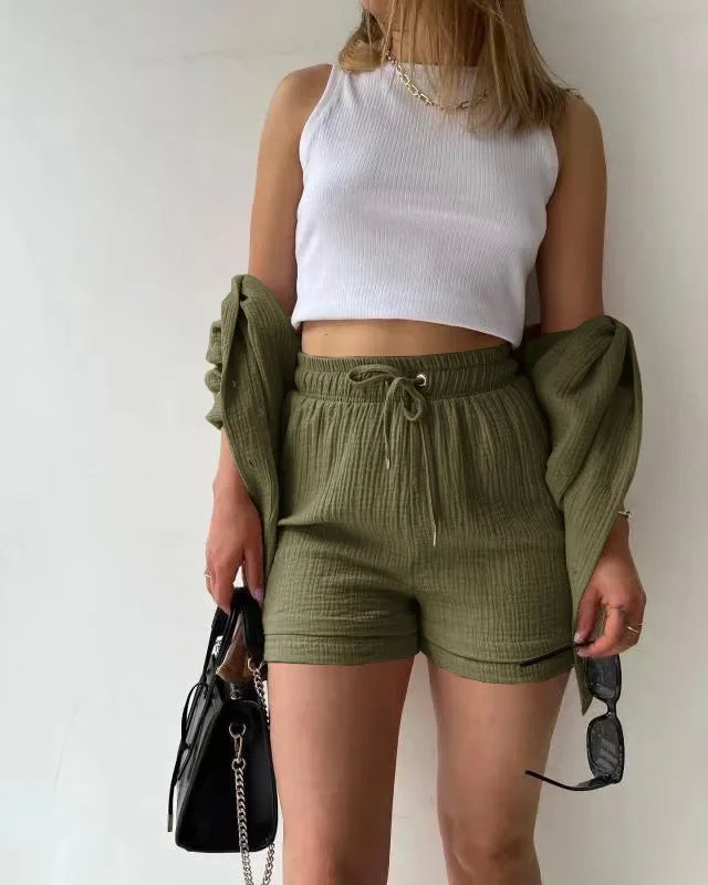 Short Sets Women Tracksuit Single Breasted Cardigan Blouses Two Pieces Shorts Loose Button High Street Solid Pockets Folds