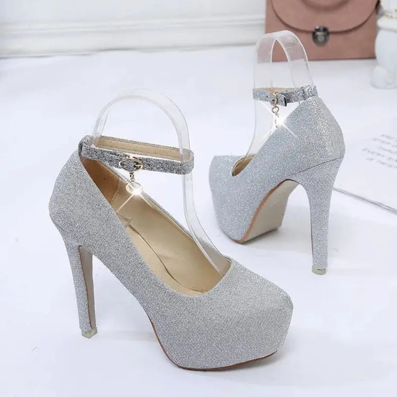 Fashion Wedding Shoes Women High Heels Pumps Bride Shoes Platform Super High Heel 12cm Black Silver Platform Shoes