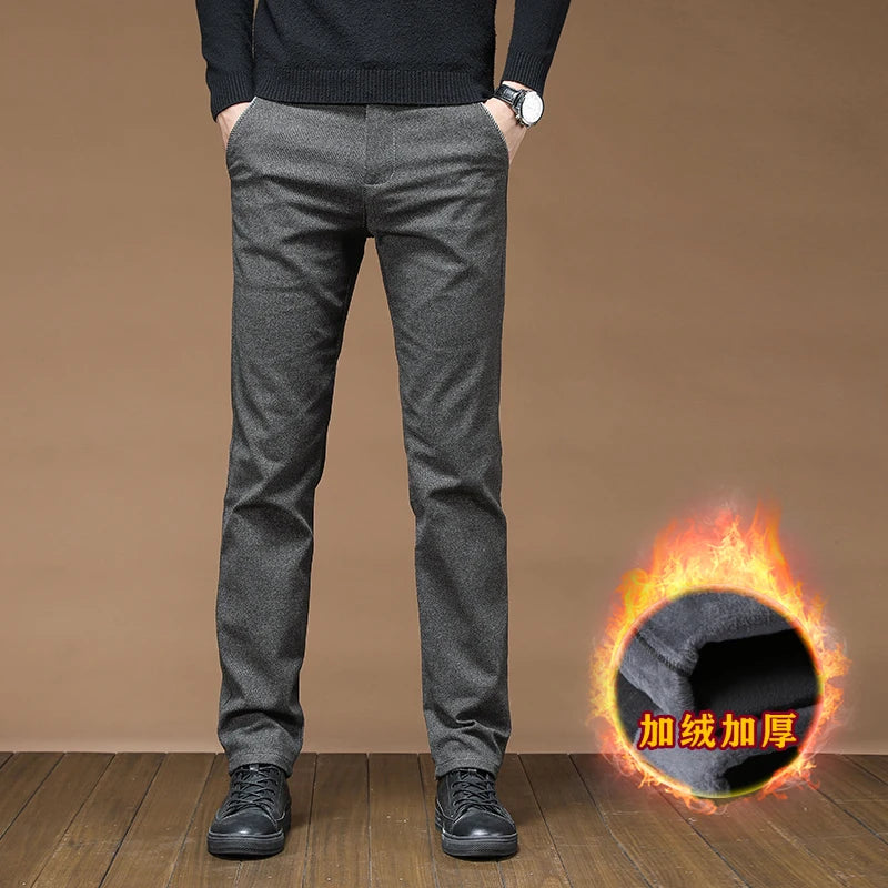 Winter Fashion Thermal Mens Casual Pants Fleece Lined Straight Business Trousers Versatile Black Gray Blue Brand Trousers