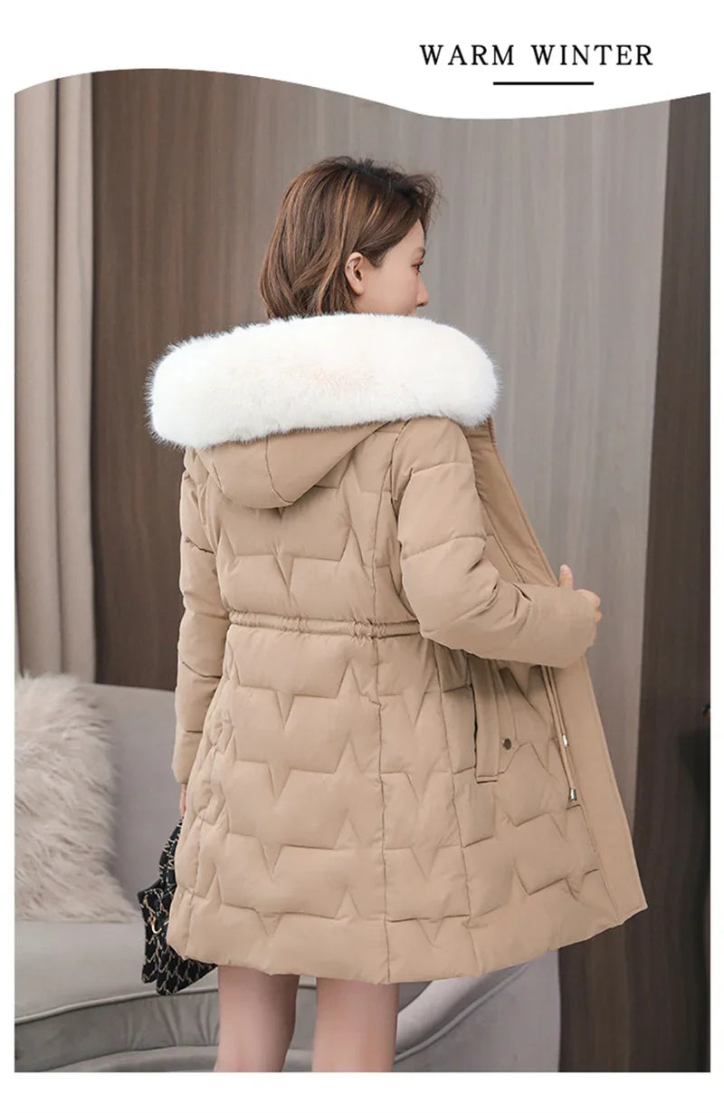 2025 New Winter Women Parka Fur Hooded Jackets Thicken Warm Cotton-padded Puffer Coat Casual Long Parkas Clothes Loose Outerwear