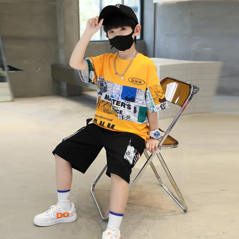 Summer Boys Cotton Alphabet Picture Printed T-Shirt Tops+Shorts Pant School Kids 2PCS Tracksuit Child Outfits Workout Set 3-16Yr