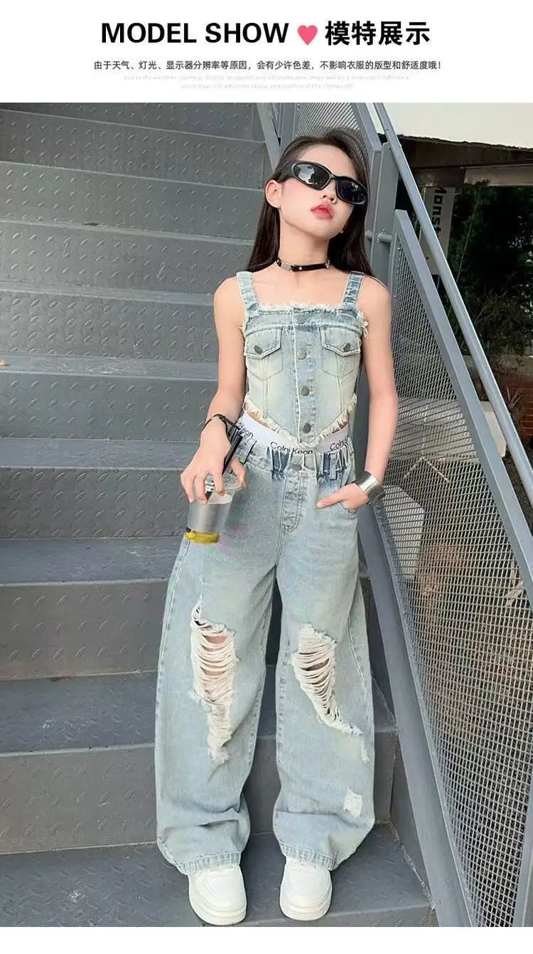 Girl Summer 2025 Halter Vest Ripped Wide-Leg Pants Two-Piece Set Kids Casual Harbor Flavor Simple Style