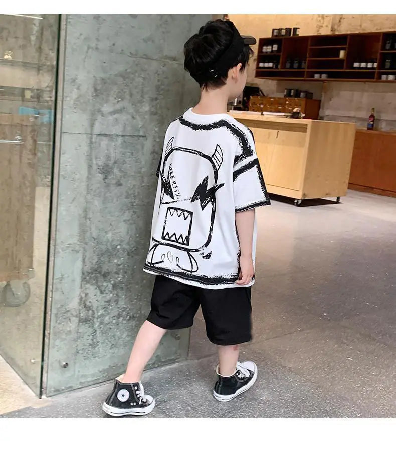 Summer Casual Boys Cotton Contrast Alphabet Graffiti t-Shirt Top+Shorts Pant Set School Kids Tracksuit Child 2PCS Outfit 5-14 Yr