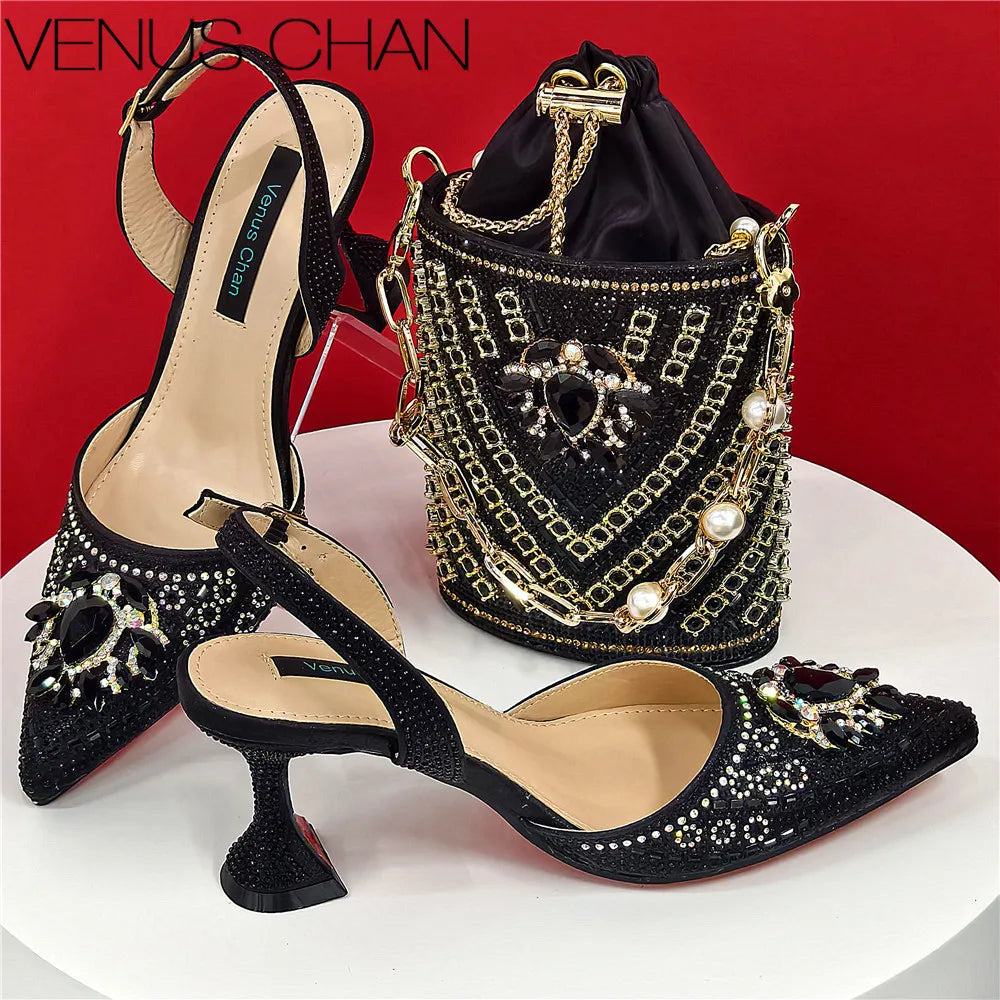 Nigerian Heel Party for Women Blue Color Shoes and Bag Set Rhinestone Handbag Italian Design Wedding INS 2025