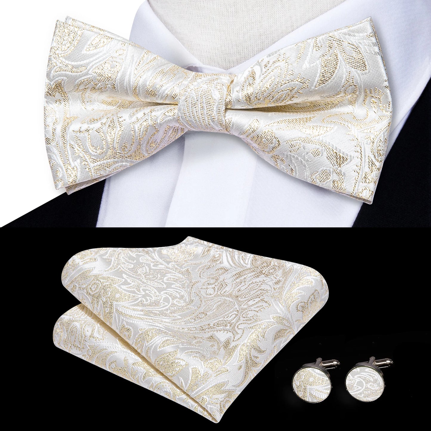 Hi-Tie Pink Dot Silk Mens Pre-tied Bow Tie Hanky Cufflink Set Dusty Pink Butterfly Knot Bowtie for Male Wedding Business