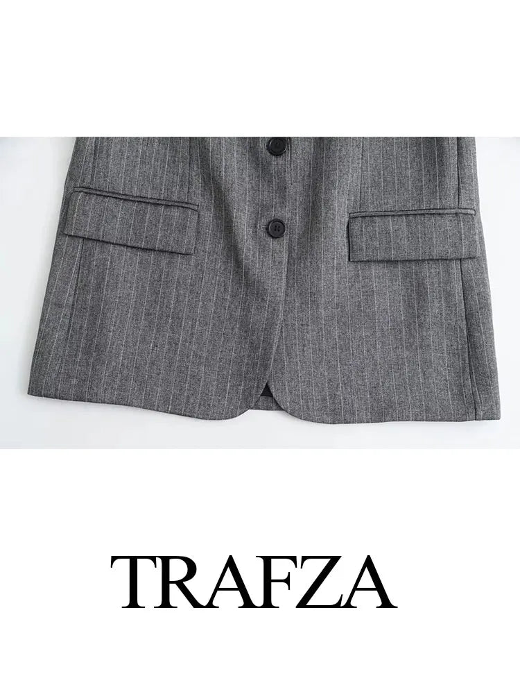 TRAFZA Spring 2 Piec Suits For Women V Neck Long Sleeves Single Breasted Blazer Coat + Folds Streetwear Women's Mini Skirt
