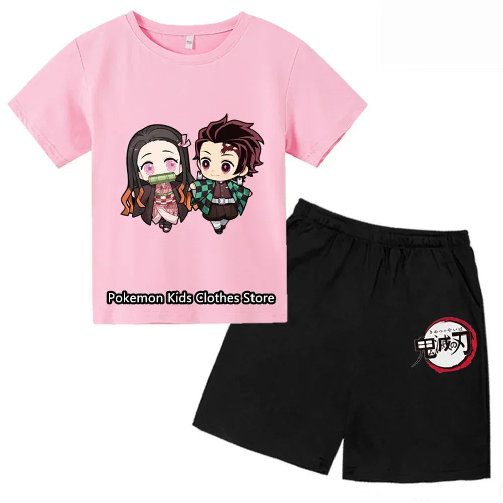 Boys Girls Clothes Set Summer Cartoon Demon Slayer T shirt+Short Pants 2pcs Children Clothing Teen 1 2 3 4-14 Year Kids Suit