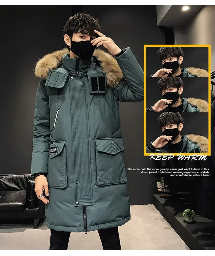 Men's Thickened Down Jacket Hooded Faux Fur Collar Winter Long Parka Jacket Outdoor Street Fashion Jacket Men's Clothing 2024
