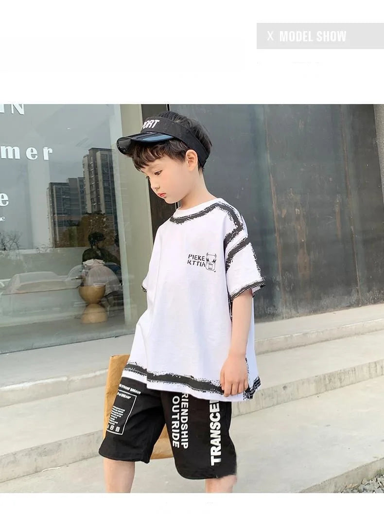 Summer Casual Boys Cotton Contrast Alphabet Graffiti t-Shirt Top+Shorts Pant Set School Kids Tracksuit Child 2PCS Outfit 5-14 Yr