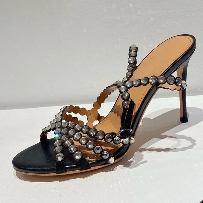 Women Peep Toe Wedding Sandals Crystal Bling Bling Colored Rhinestone shiny Sandals Stiletto Heels Slingback Ankle Strap Shoes