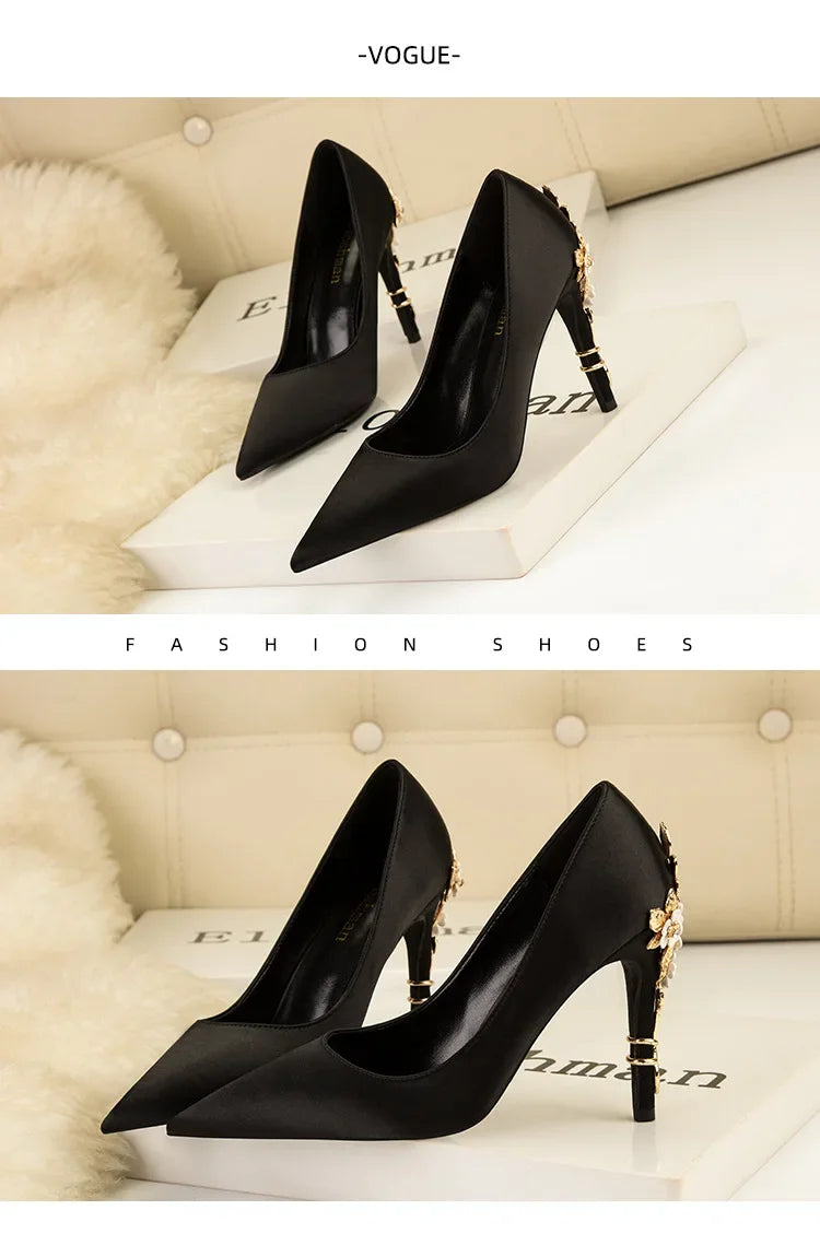 Women's Metal Flowers Stiletto High-heel Shoes Female Light Luxury Sexy Fashion Wedding Shoes Pointed Toe Satin Single Shoes