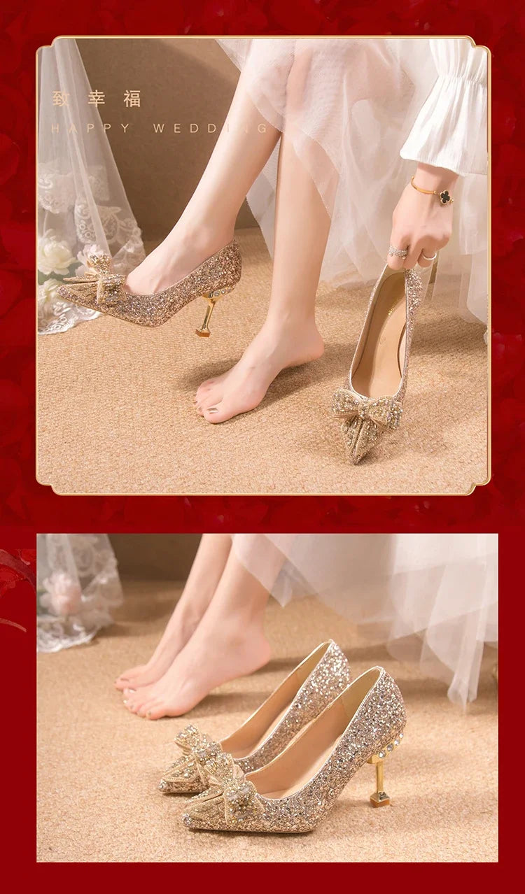 Women's Rhinestone Wedding Shoes New Year Shoes Luxury Buckle Decorative Banquet Women's Shoes High Heels Gold Silver Red