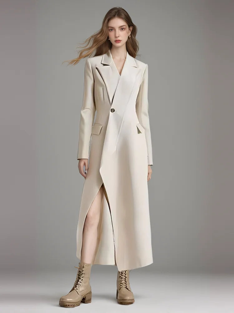 Solid Spliced Pockets Split Trench For Women Lapel Long Sleeve Slim Patchwork Button Temperament Windbreaker Female New
