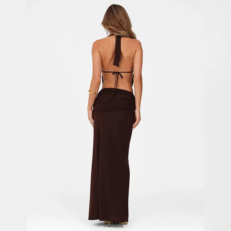 Mozision Hollow Out Lace-up Sexy Skirt 2 Piece Sets Women Brown Halter Crop Tops And Maxi Skirt Female Skinny Sexy Two Piece Set