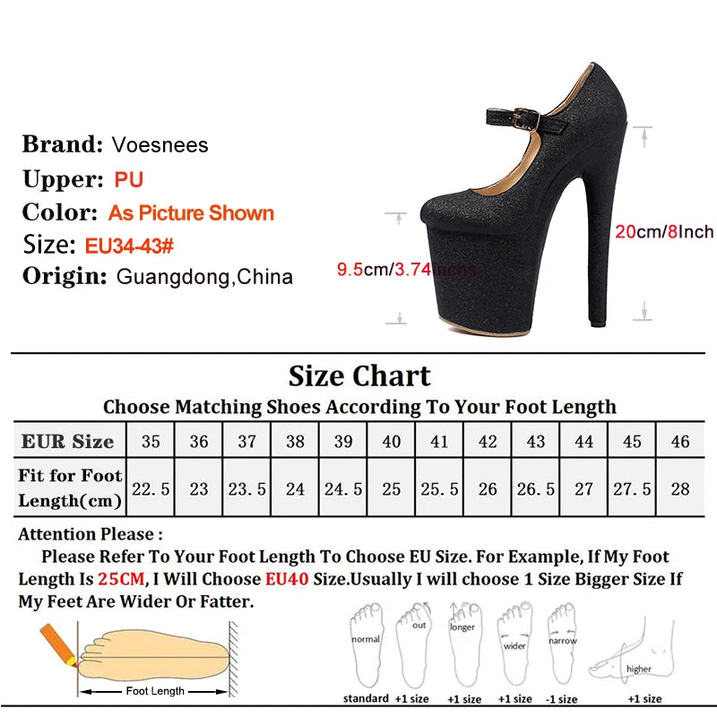20CM/8Inch Super High Heels Buckle Strap Women Pumps Size 34-43 Fashion Platform Nightclub Stage Shoes Pole Dance Stripper Heels