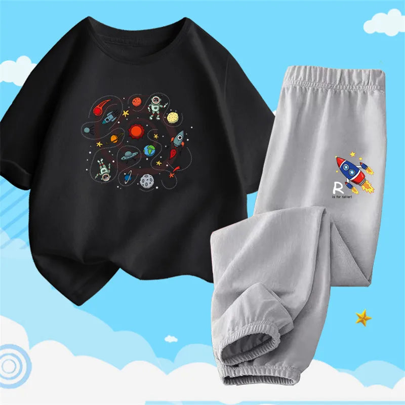 Boys Summer Clothes Set Kids Cartoon Space T shirts+Loose Harlan pants Suit 2PCS Pack Teens Sports Clothing Sets