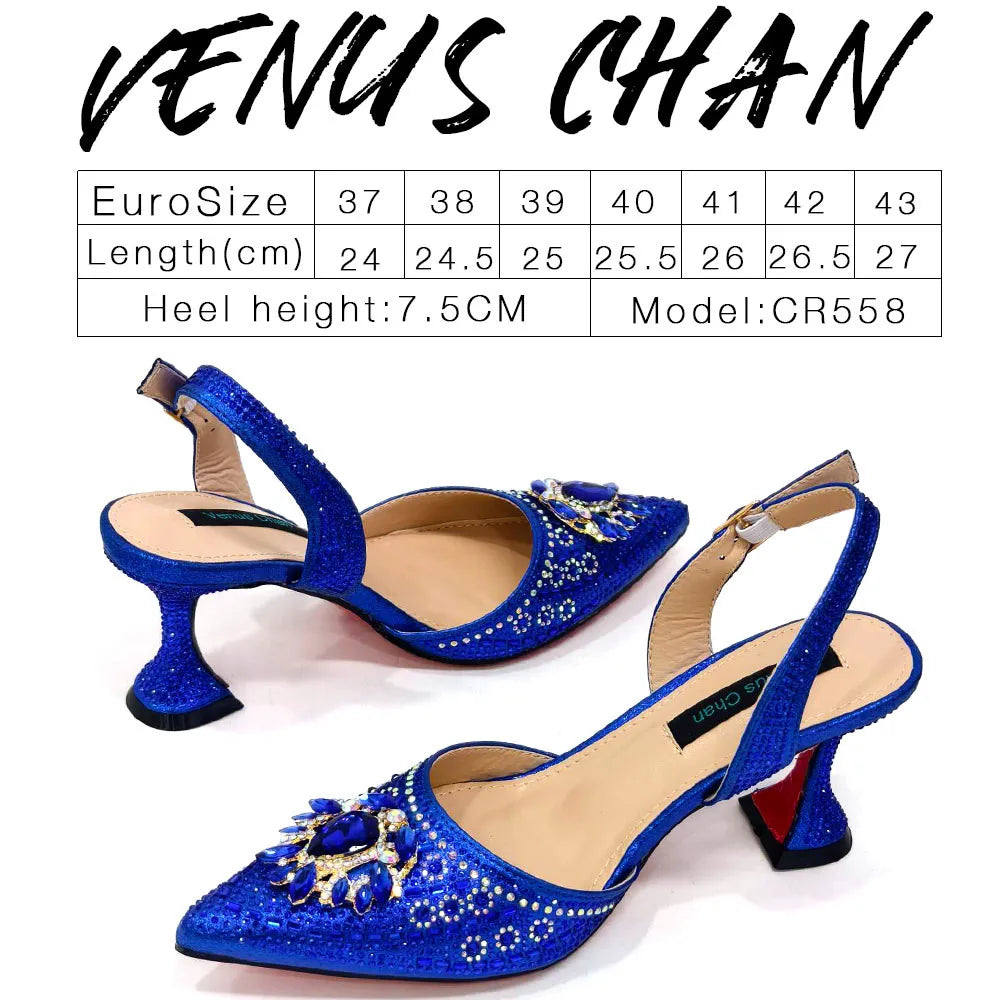 Nigerian Heel Party for Women Blue Color Shoes and Bag Set Rhinestone Handbag Italian Design Wedding INS 2025