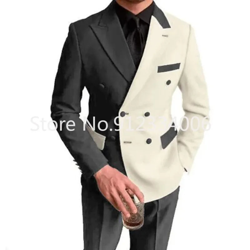 Elegant Black White Men Suit Slim Fit Peak Lapel Double Breasted 2 Piece Formal Groom Wedding Tuxedos Blazer+Pants Costume Homme