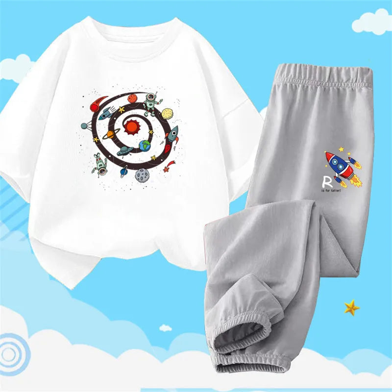 Boys Summer Clothes Set Kids Cartoon Space T shirts+Loose Harlan pants Suit 2PCS Pack Teens Sports Clothing Sets