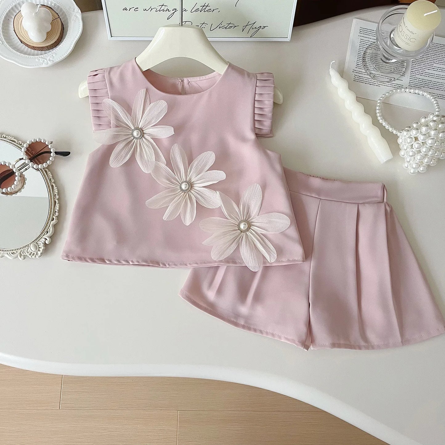 New Baby Girls 2Pcs Summer Clothing Set Three Flowers Short Sleeve T-shirt Shorts Toddler Children's Girl Casual Outfit Suit