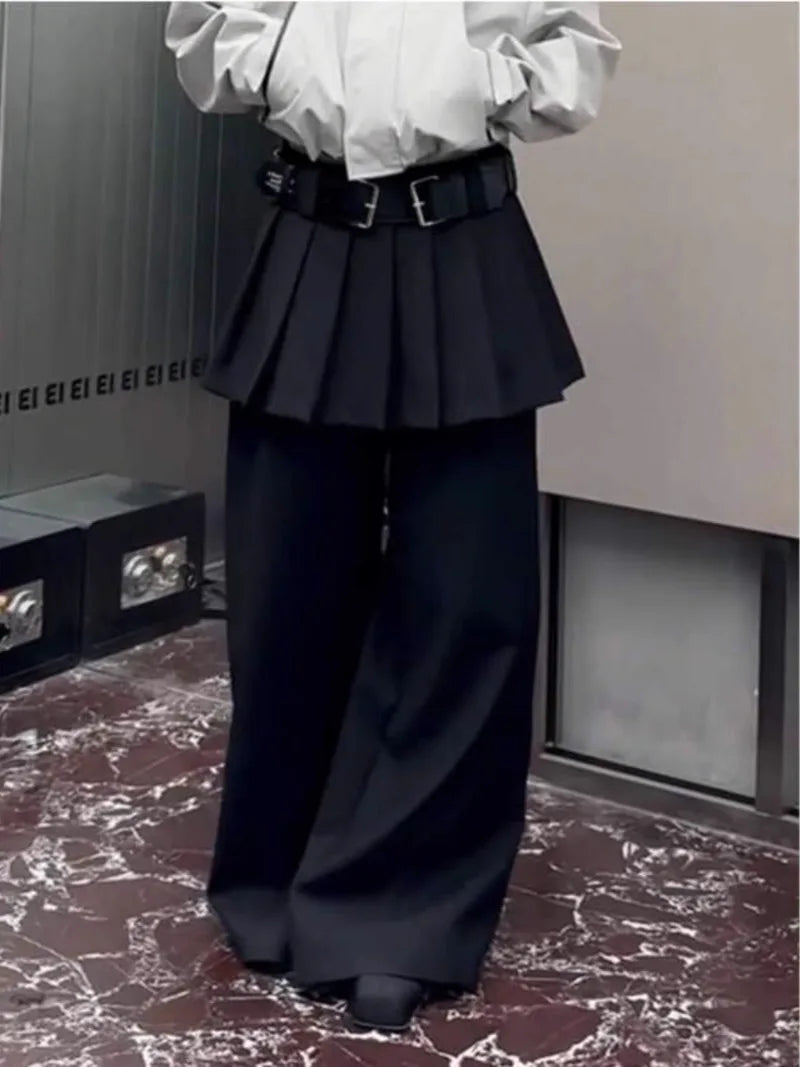 Fake Two-piece Wide Leg Pants for Women Korean Black Plain Cleanfit Casual Pleated Skirt Suit Trousers Streetwear 2025 New