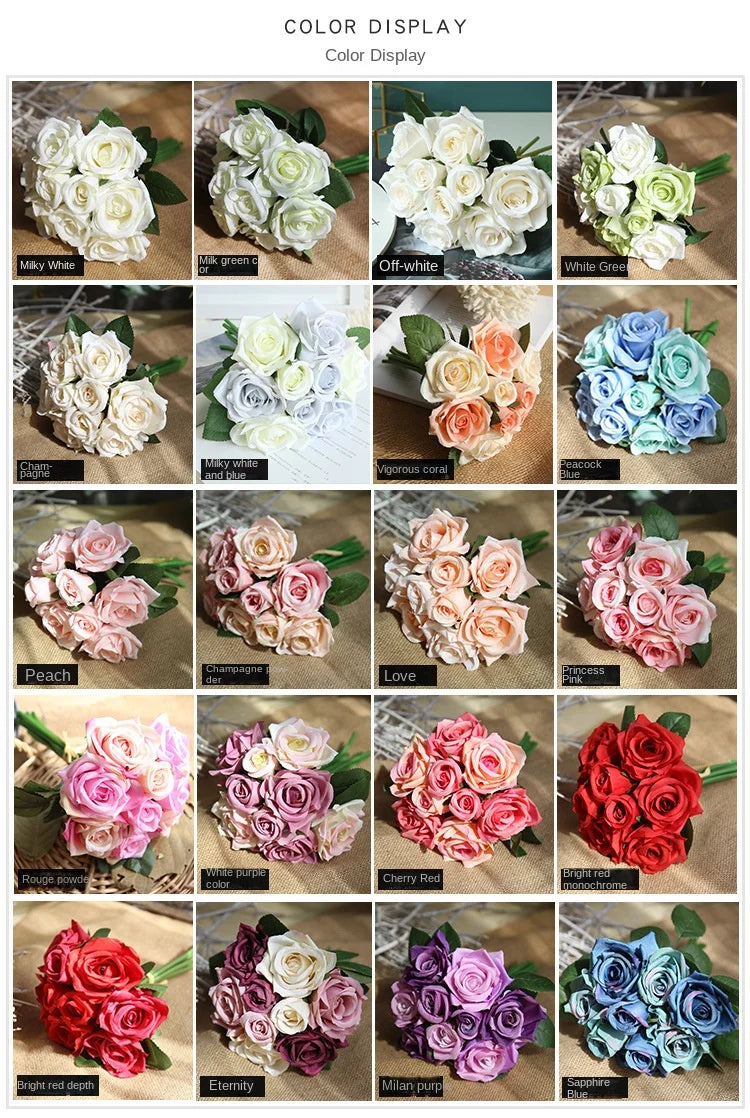 9 Head Artificial Bouquet Rose Bouquet Wedding Decor Artificial Flower Home Decoration Accessories Silk Flowers
