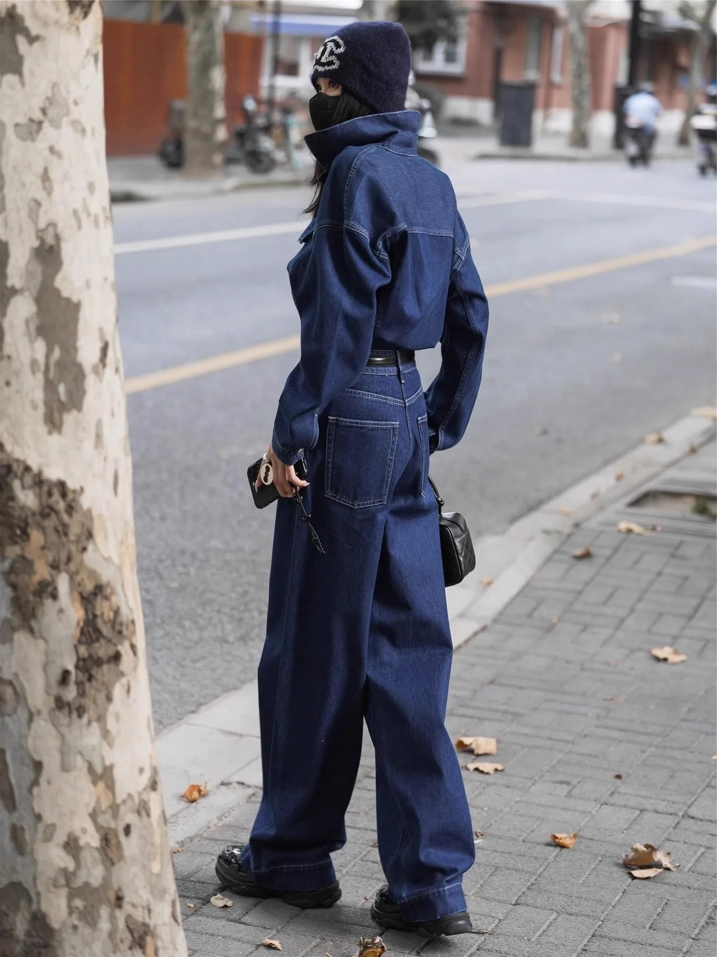 Blue Design Denim Jumpsuit Women'S Spring And Autumn Collar Fashionable Workwear Large Pocket Loose Pants