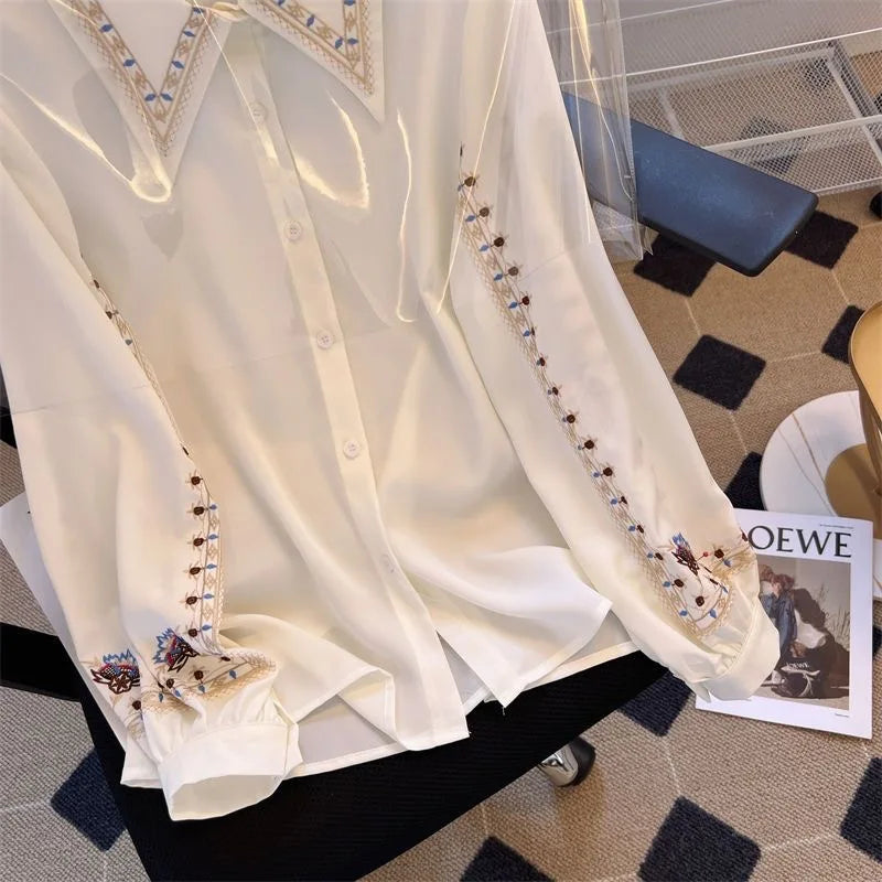 Embroidered Women be all-match High Quality Female Elegant Blouses Ladies Work Wear Shirts White Floral Clothings Chiffon Tops