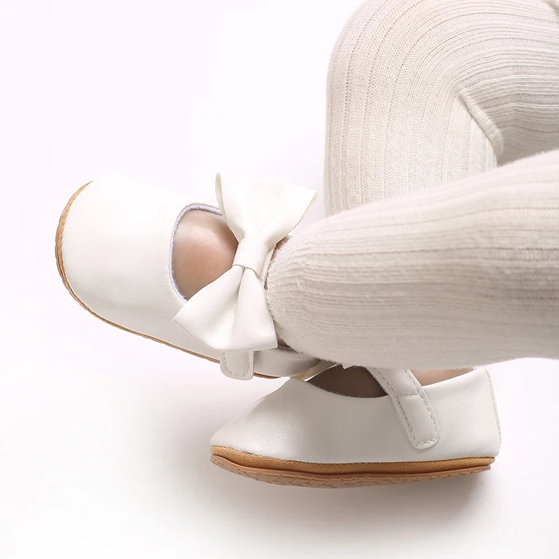 VALEN SINA 0-18 Months Newborn Girl White Baptism Shoes Bow Non-slip Rubber Soft-Sole Flat PU First Walker Mary Janes