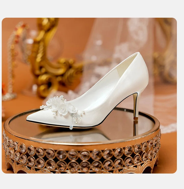 Wedding Shoes Women's 2024 Main Wedding Dress White High Heels Burgundy Xiuhe Bridal Shoes Mid Heel Plus Size Single Shoes