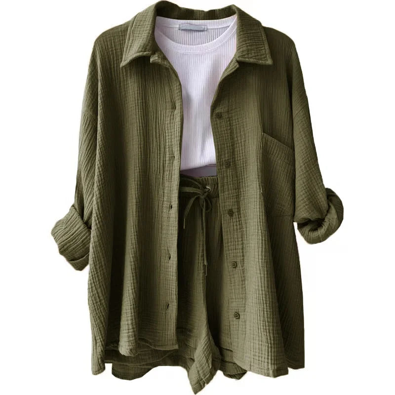 Short Sets Women Tracksuit Single Breasted Cardigan Blouses Two Pieces Shorts Loose Button High Street Solid Pockets Folds