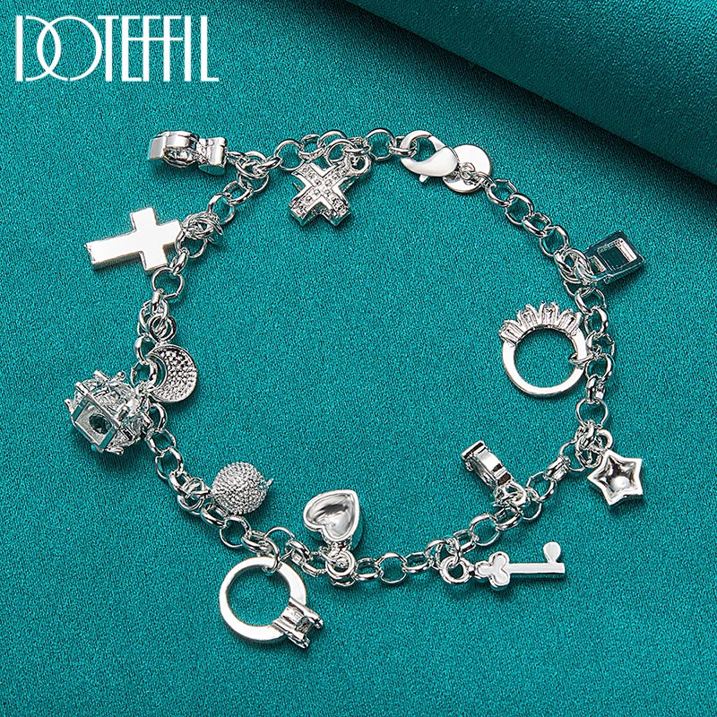 DOTEFFIL 925 Sterling Silver Heart Ball Cross Star Pendant Necklace Bracelets Set For Women Wedding Engagement Jewelry