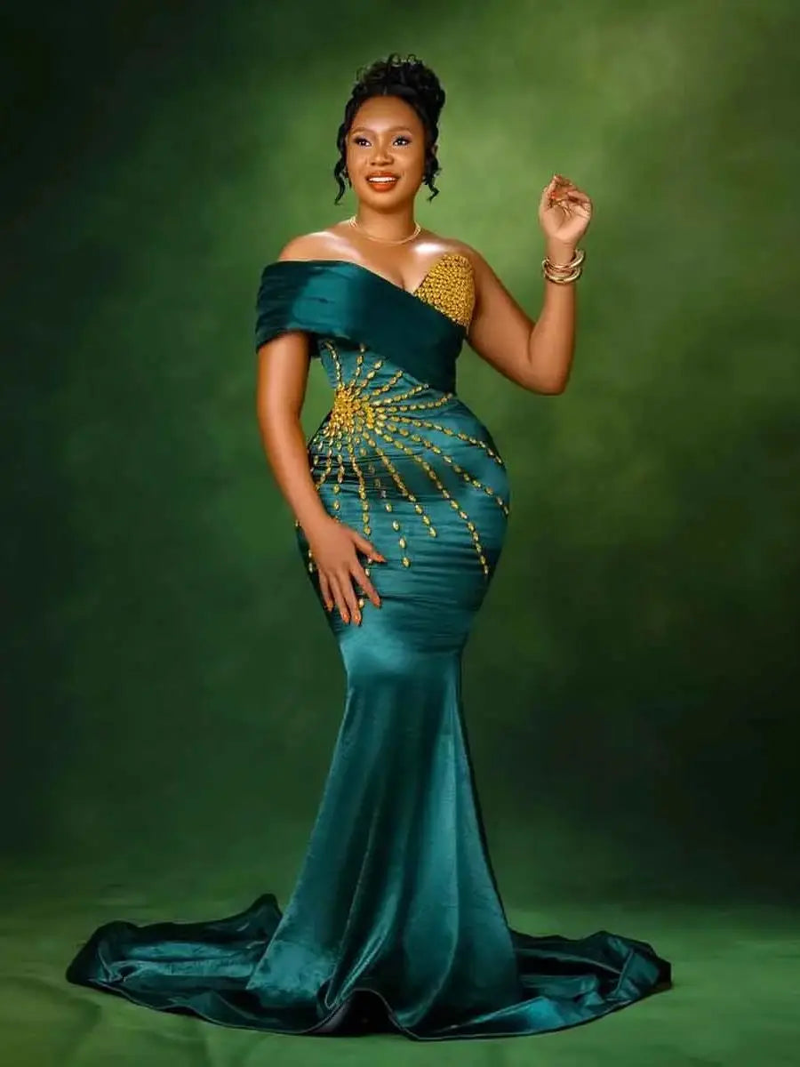 Aso Ebi Style Blue Green Mermaid Prom Dresses with Golden Crystals Off the Shoulder Silk Satin African Wedding Reception Dress