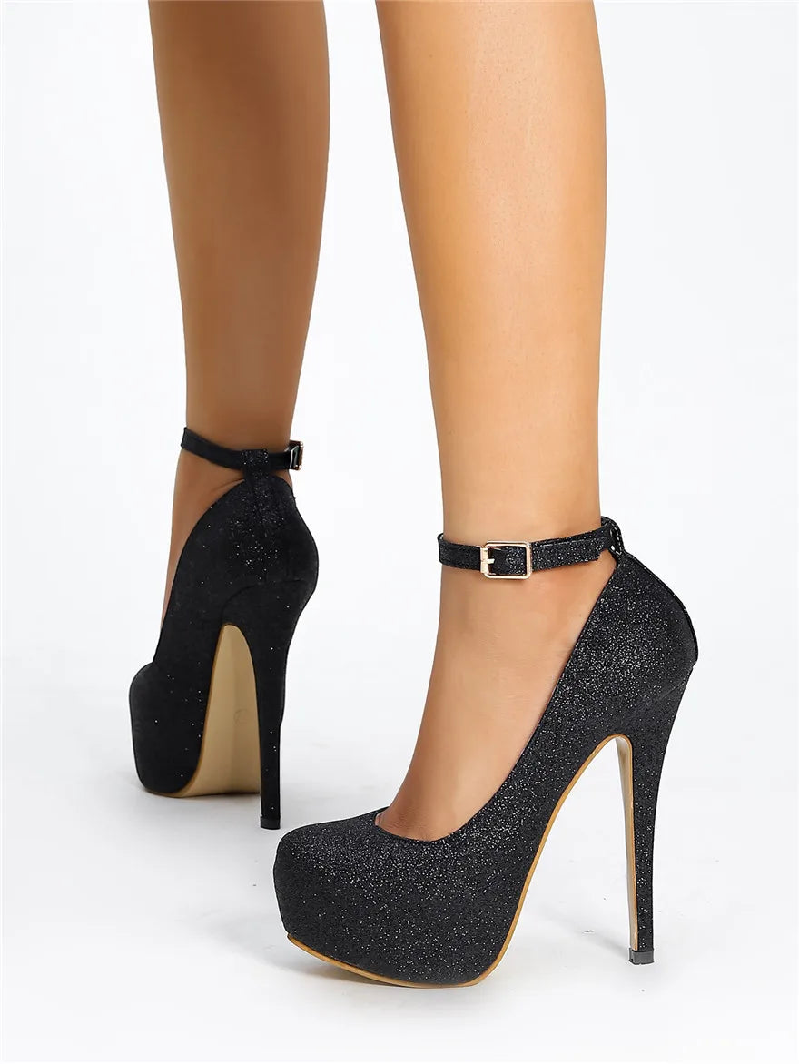 New Women's Shoes Round Toe Glitter Single Shoes Shallow Mouth Waterproof Slim Heel Women's High Heels Plus Size Shoes