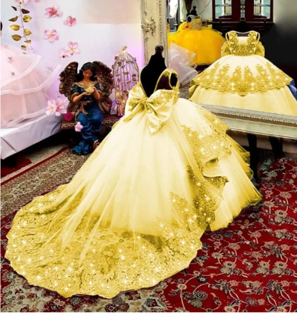 Customized Flower Girl Dress for Wedding Suspenders with Bow Satin Ball Gown Kids Birthday First Communion Party Dress
