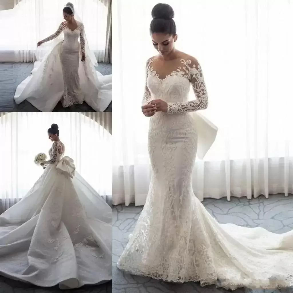 Customized Mermaid Wedding Dresses Sheer Neck Long Sleeves Illusion Full Lace Applique Bow Overskirts Button Back Chapel Train B