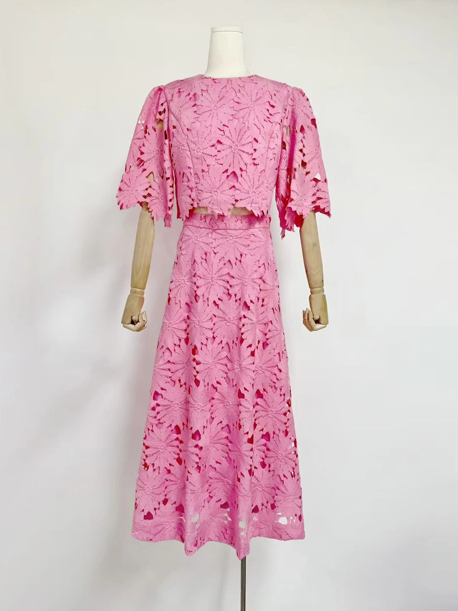 VGH Embroidery Two Piece Set for Women O Neck Batwing Sleeve Top High Waist Hollow Out A Line Long Skirt Elegant Suit Female New