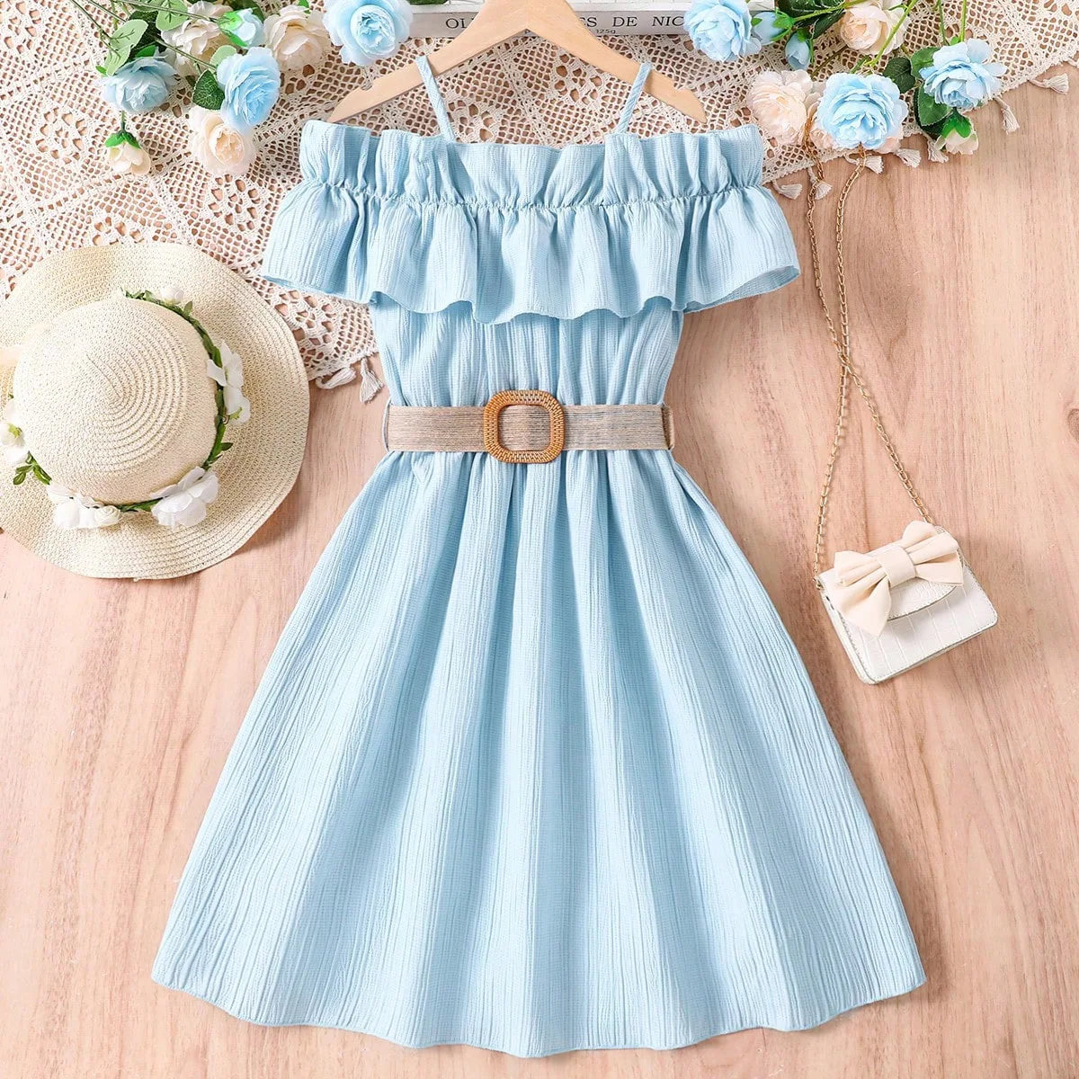 Summer Girl Dress Off Shoulder Fashion Girl Clothes Teenager Beach Dress with Belt Kid Outfits Children Clothing Plus Size Teens
