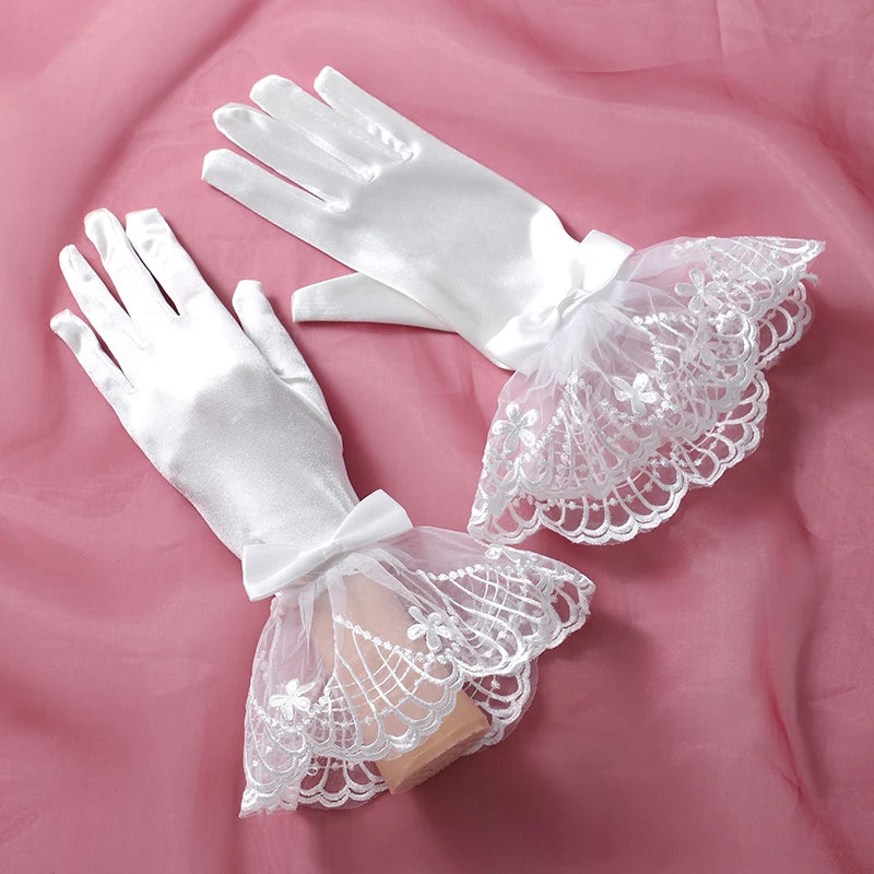 Bridal Wedding Gloves Dignified And Elegant Ladies' White Holiness Wrist Length Printed Bride Gloves