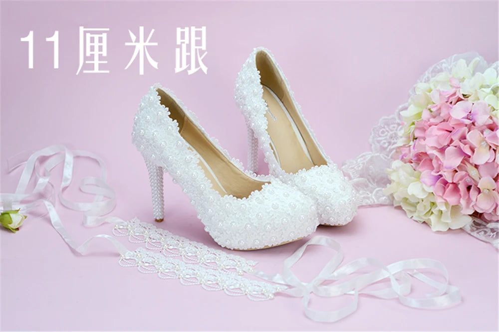 Spring round head shallow pearl lace with waterproof platform wedding shoes thin high-heeled banquet dress large size women shoe